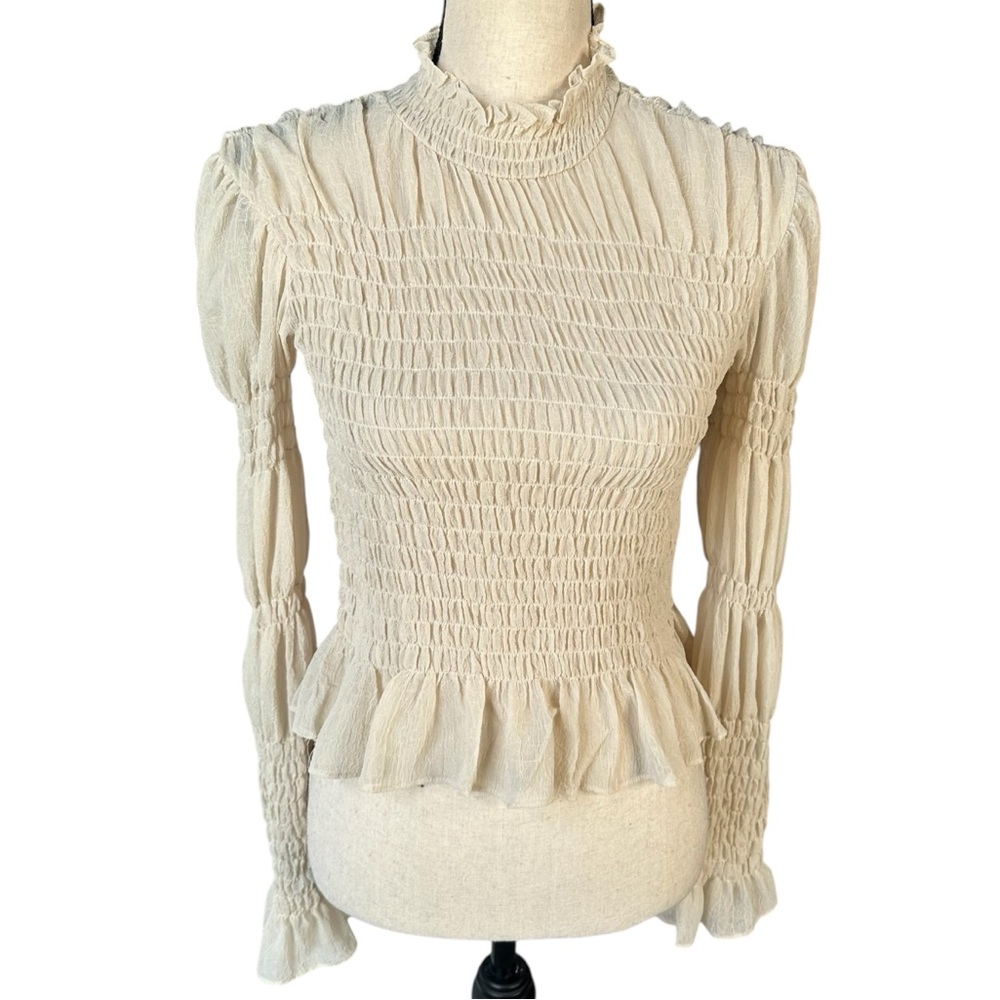 MUSTARD SEED Sheer Boho Smocked Dobby Blouse Medium High Neck Long Sleeve